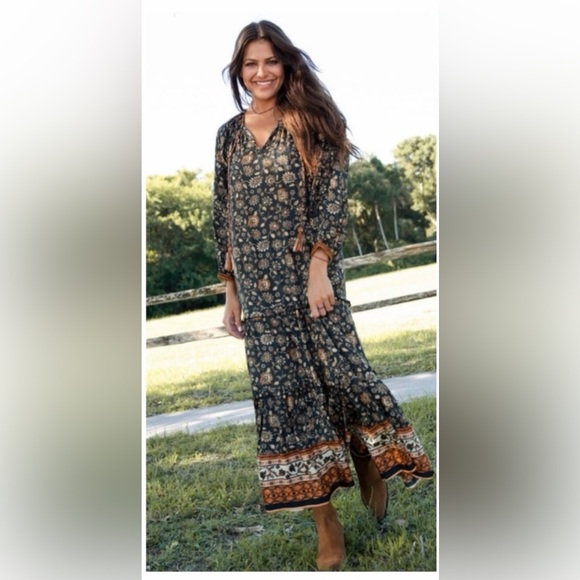 NATURAL LIFE Dresses & Skirts - NATURAL LIFE Lula Boho Tiered Ruffled Black/Tan Floral 3/4 Sleeve Maxi Dress XS